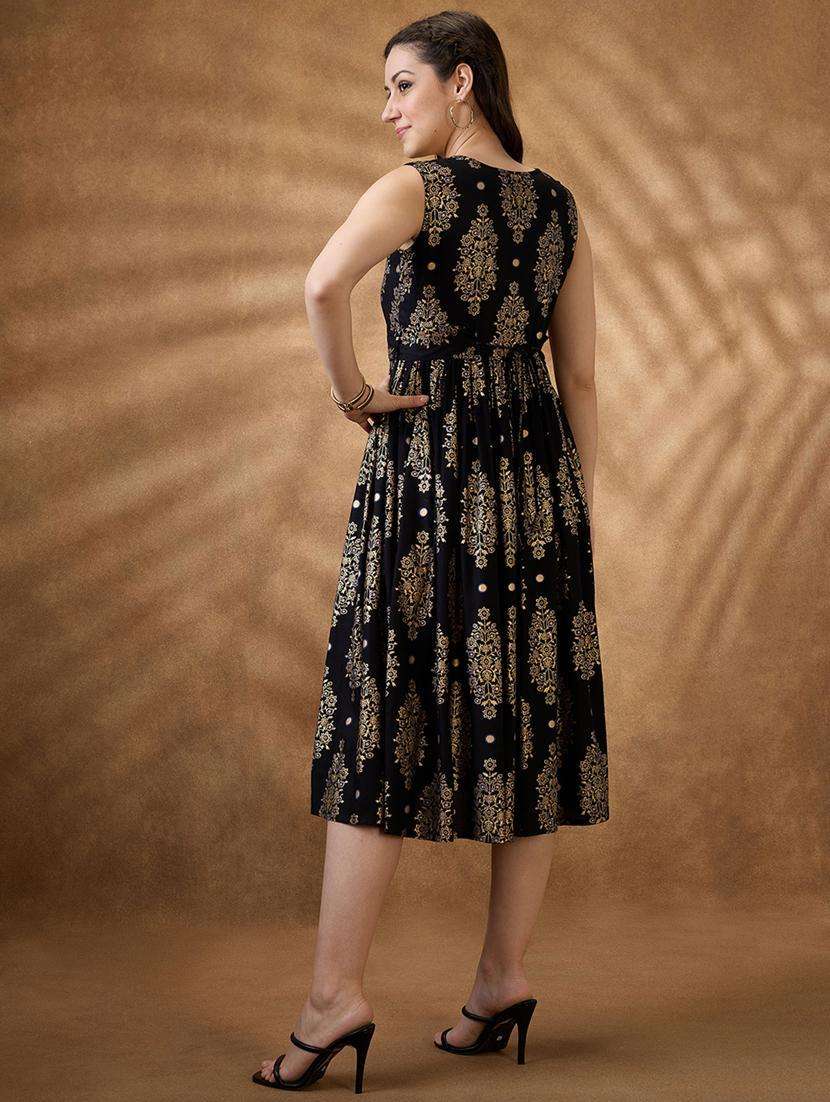 women black printed sleeveless flared ethnic dress - 21853727 -  Standard Image - 3