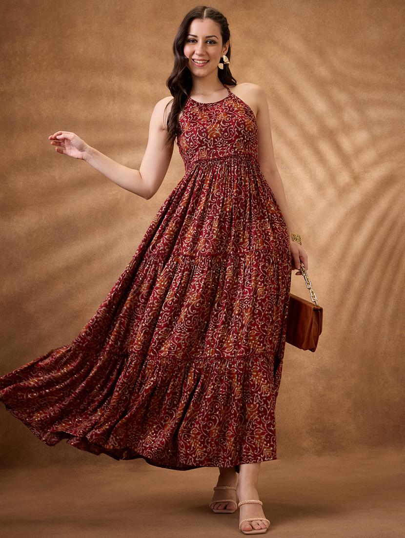 women maroon printed halter neck tiered ethnic dress - 21853730 - Zoom Image - 0