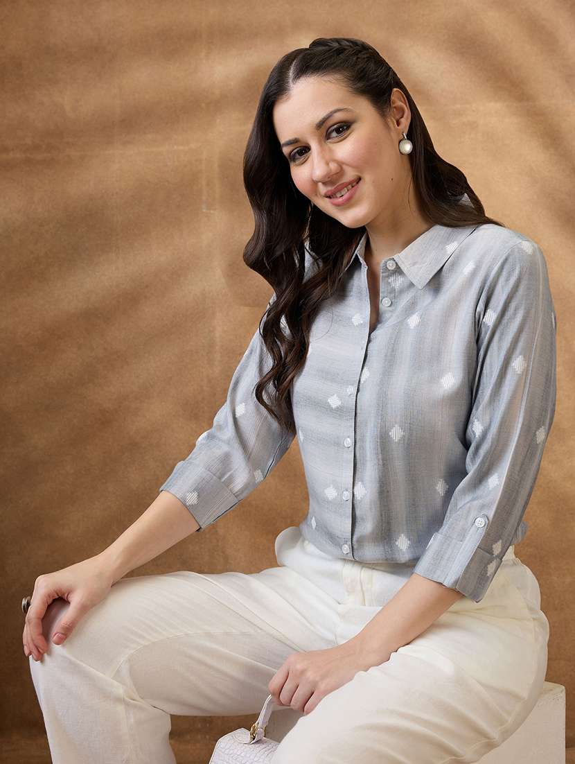 women grey self design roll up sleeve regular shirt - 21853731 -  Zoom Image - 0
