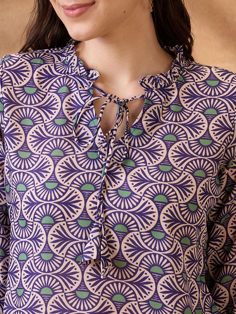 women blue printed three quarter sleeve ethnic top - 21853734 -  Standard Image - 3