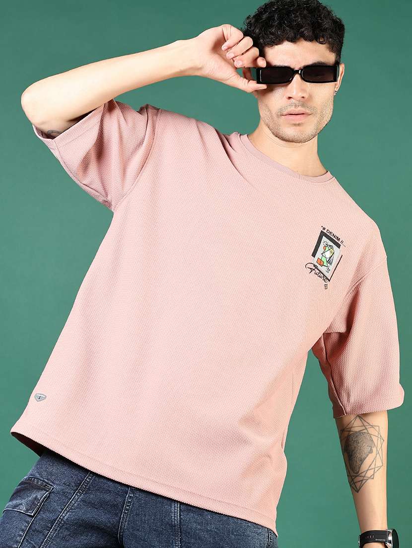 men pink typographic short sleeve regular fit t-shirt
