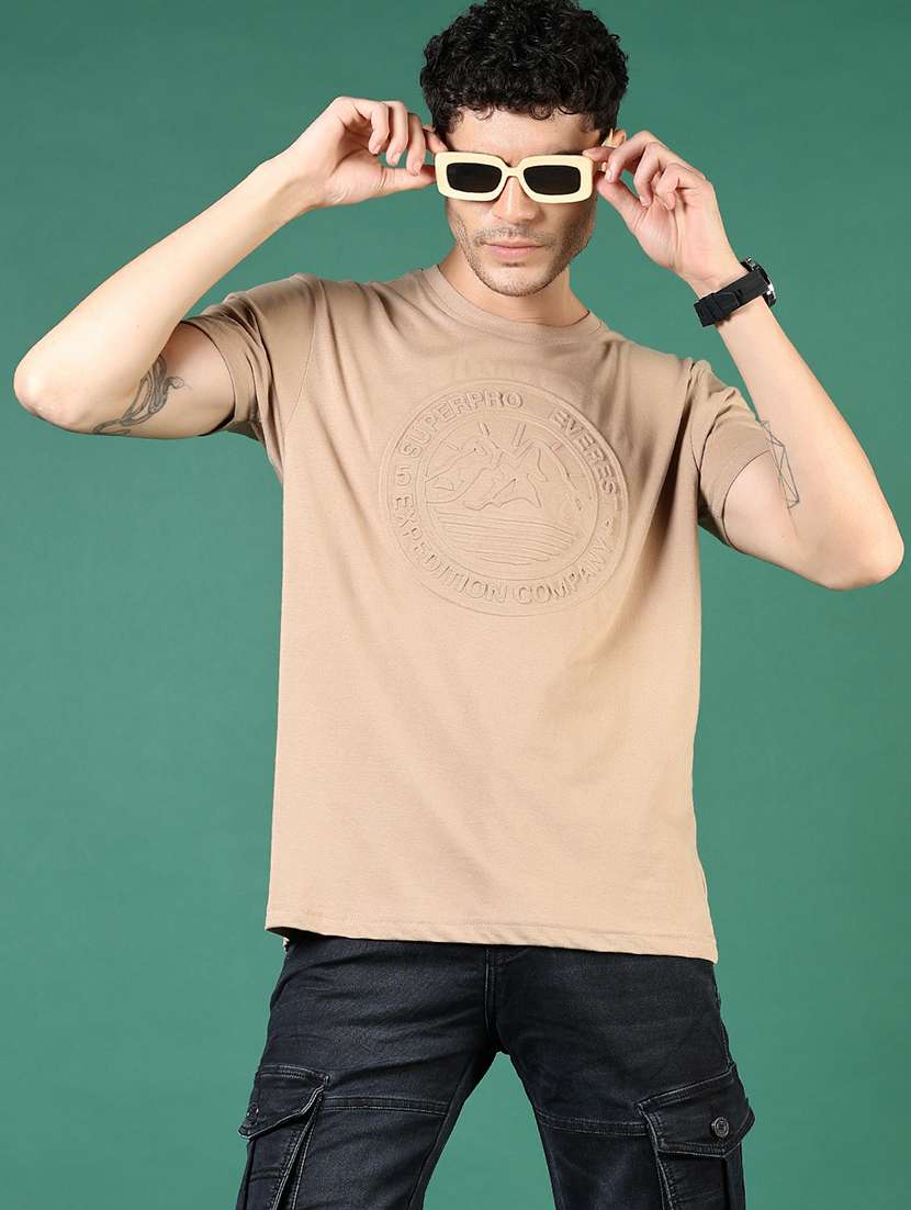 men beige self design short sleeve regular fit t-shirt