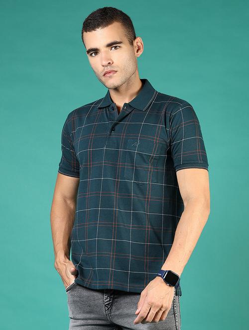 men teal checkered short sleeve regular fit polo t-shirt - 21853881 - Standard Image - 0