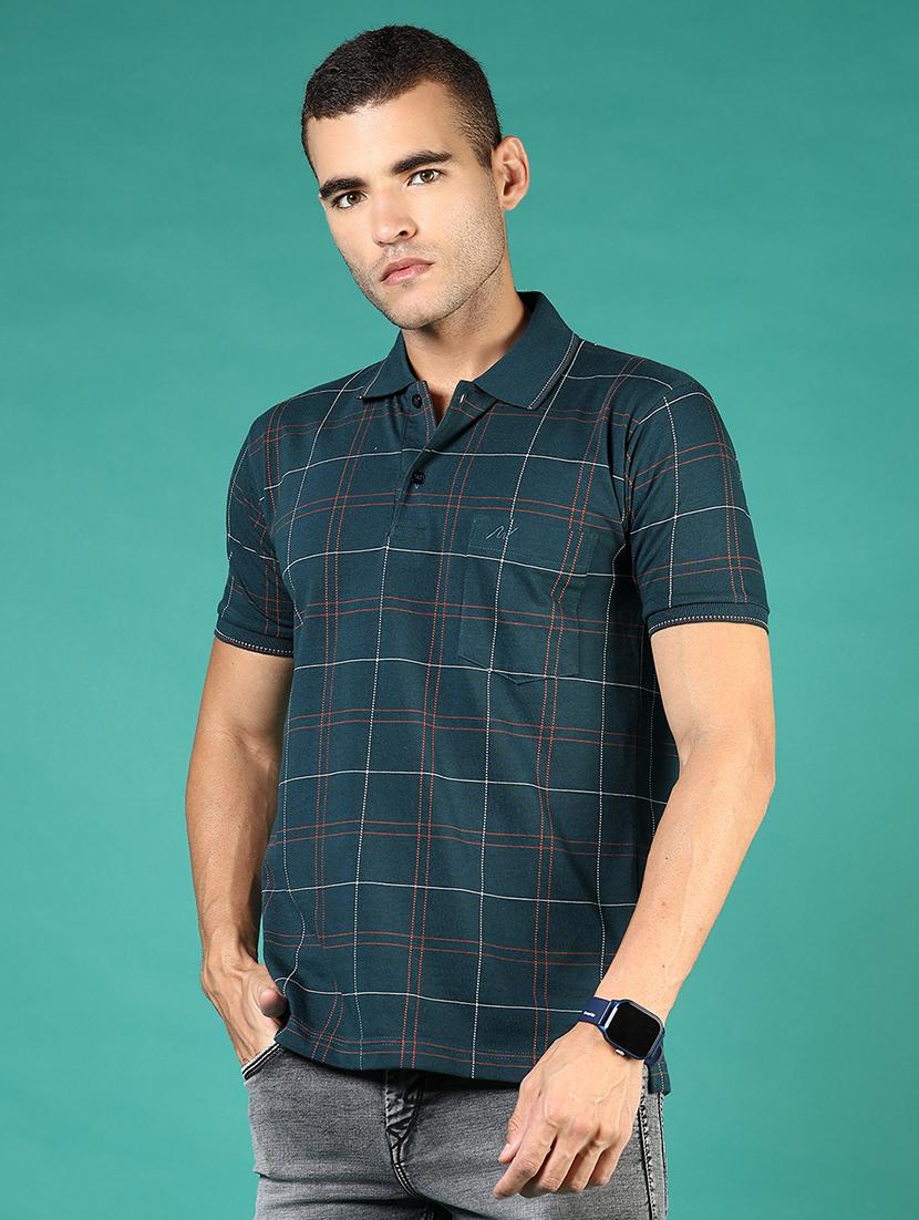 men teal checkered short sleeve regular fit polo t-shirt - 21853881 - Zoom Image - 0