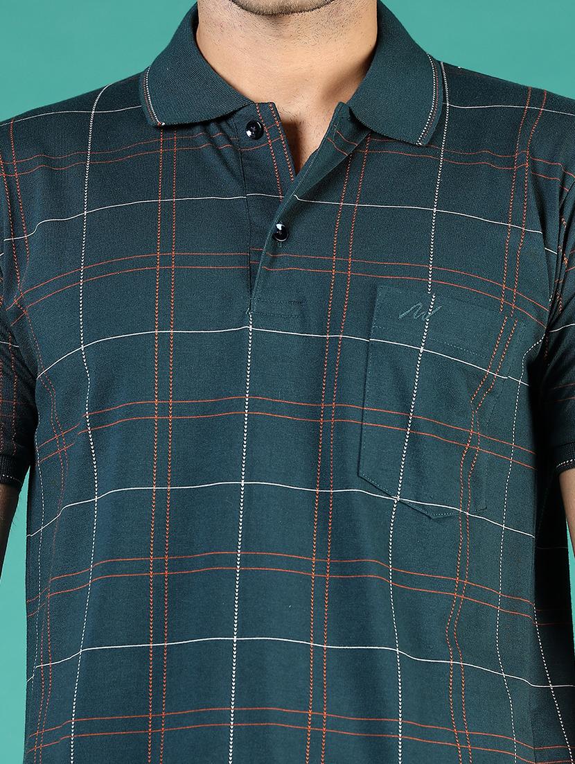 men teal checkered short sleeve regular fit polo t-shirt - 21853881 - Standard Image - 3