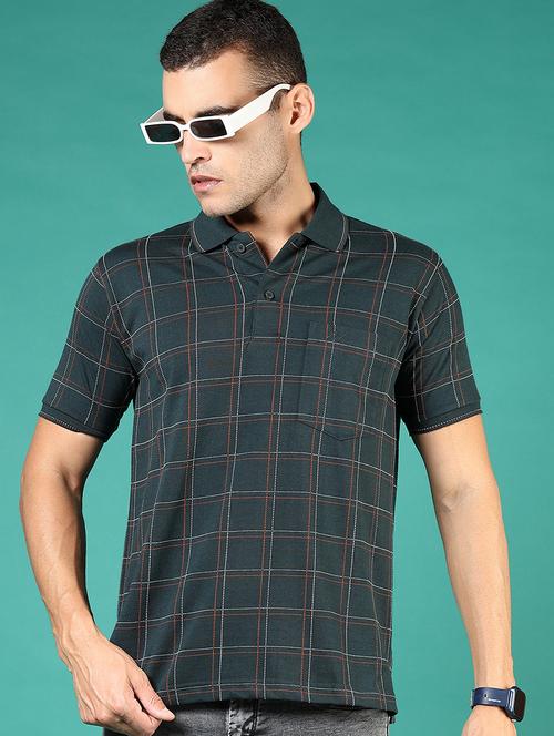 men teal checkered short sleeve regular fit polo t-shirt - 21853889 - Standard Image - 0