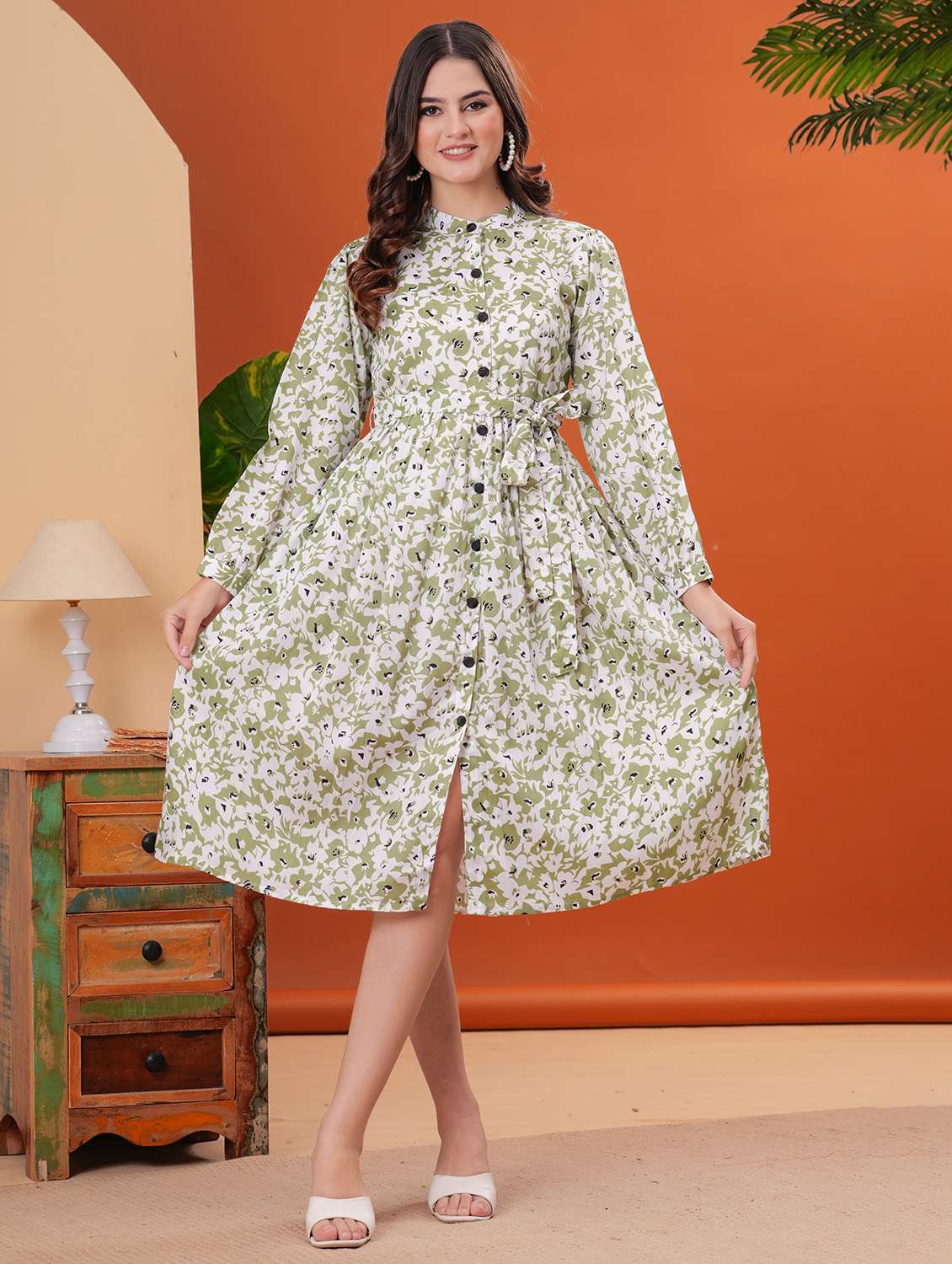women printed puff sleeves fit & flare dress - 21854026 -  Standard Image - 5