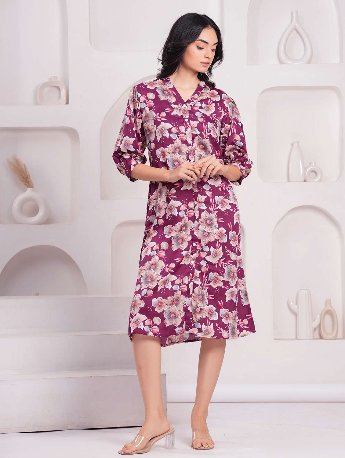 women floral print puff sleeves a-line dress