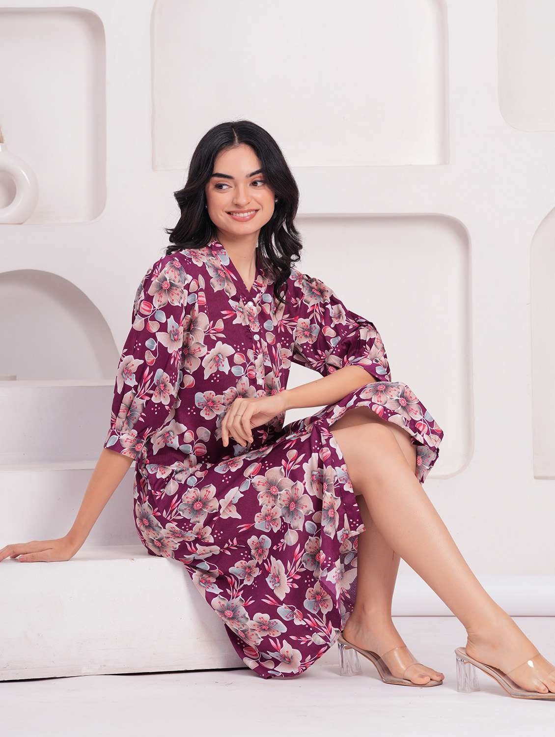 women floral print puff sleeves a-line dress - 21854050 - Standard Image - 3