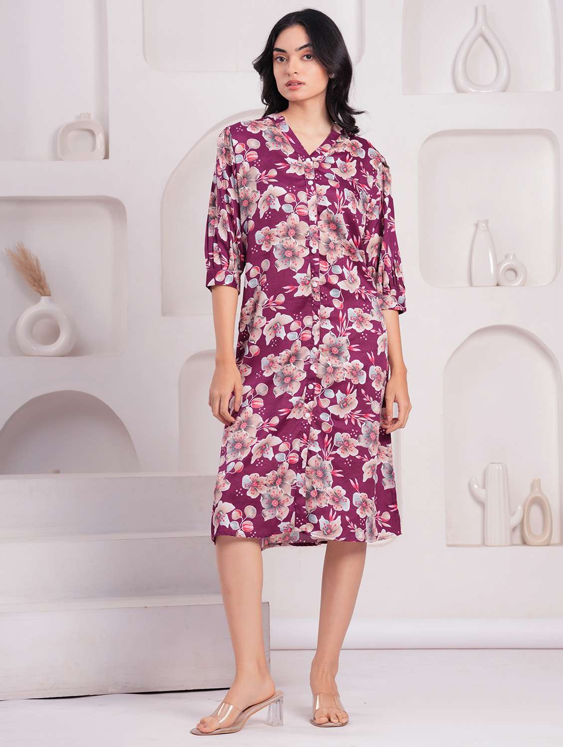 women floral print puff sleeves a-line dress - 21854050 - Standard Image - 5