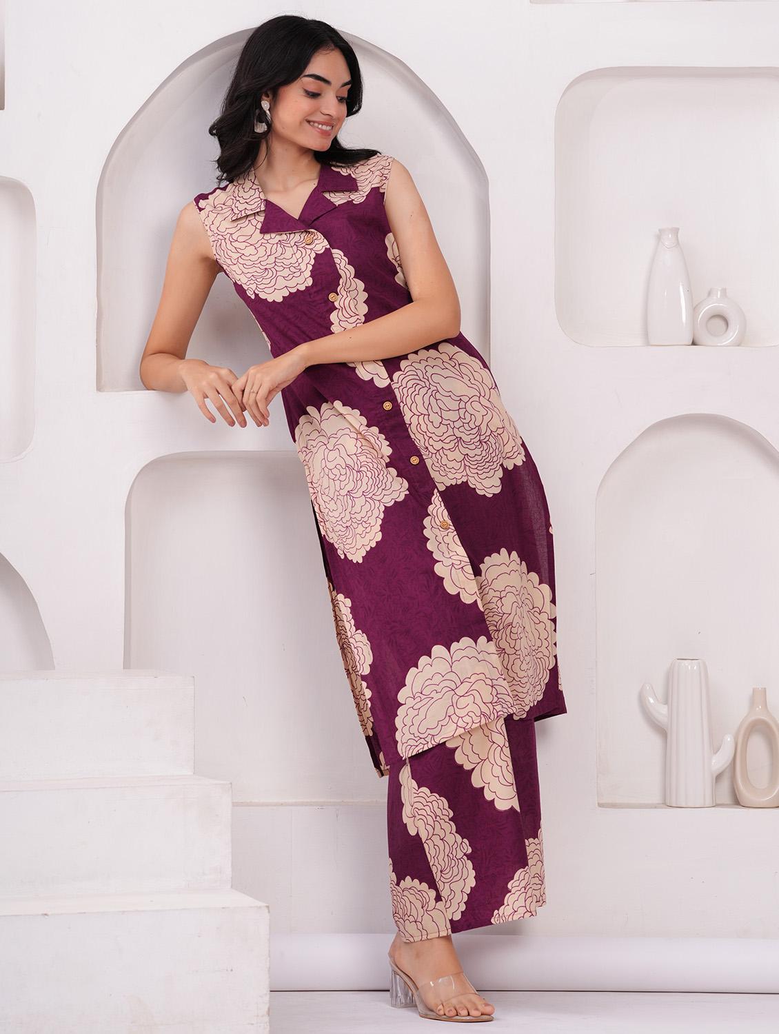 women printed sleeveless kurta palazzo set