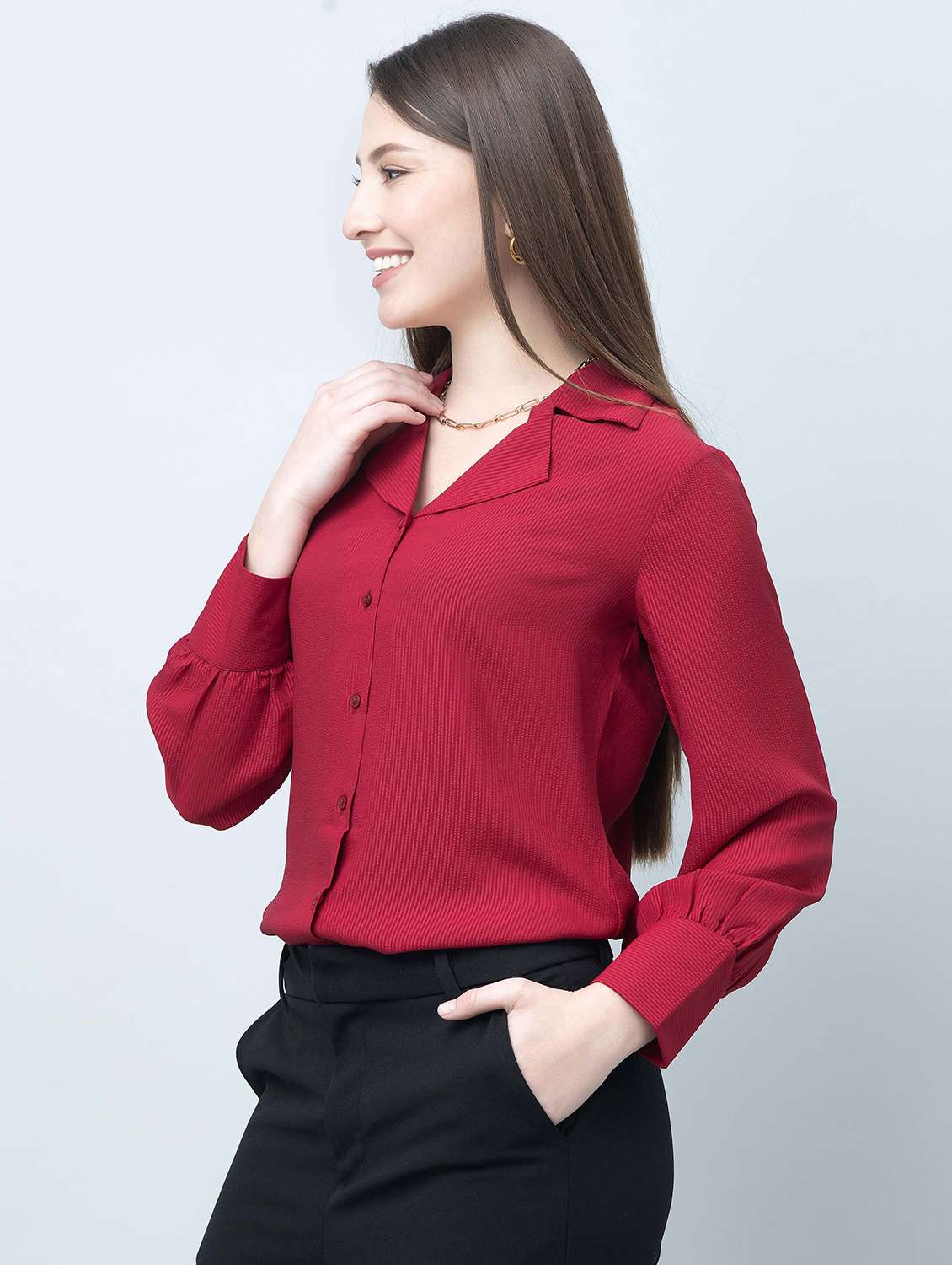 women solid collared long sleeves regular shirt - 21854168 -  Standard Image - 3