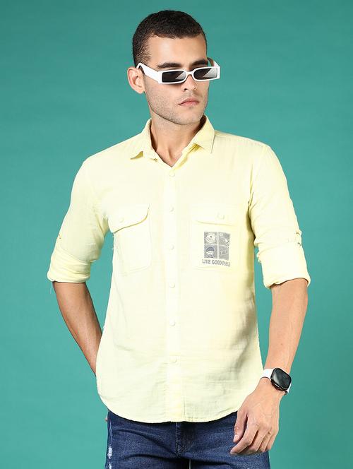 men yellow typography long sleeve regular fit casual shirt  - 21854248 -  Standard Image - 0
