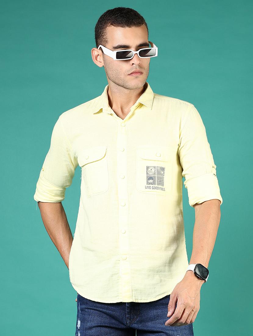 men yellow typography long sleeve regular fit casual shirt  - 21854248 -  Zoom Image - 0