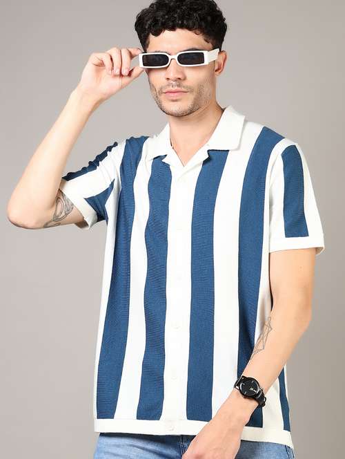 men blue stripes short sleeve regular fit casual shirt - 21854299 - Standard Image - 0