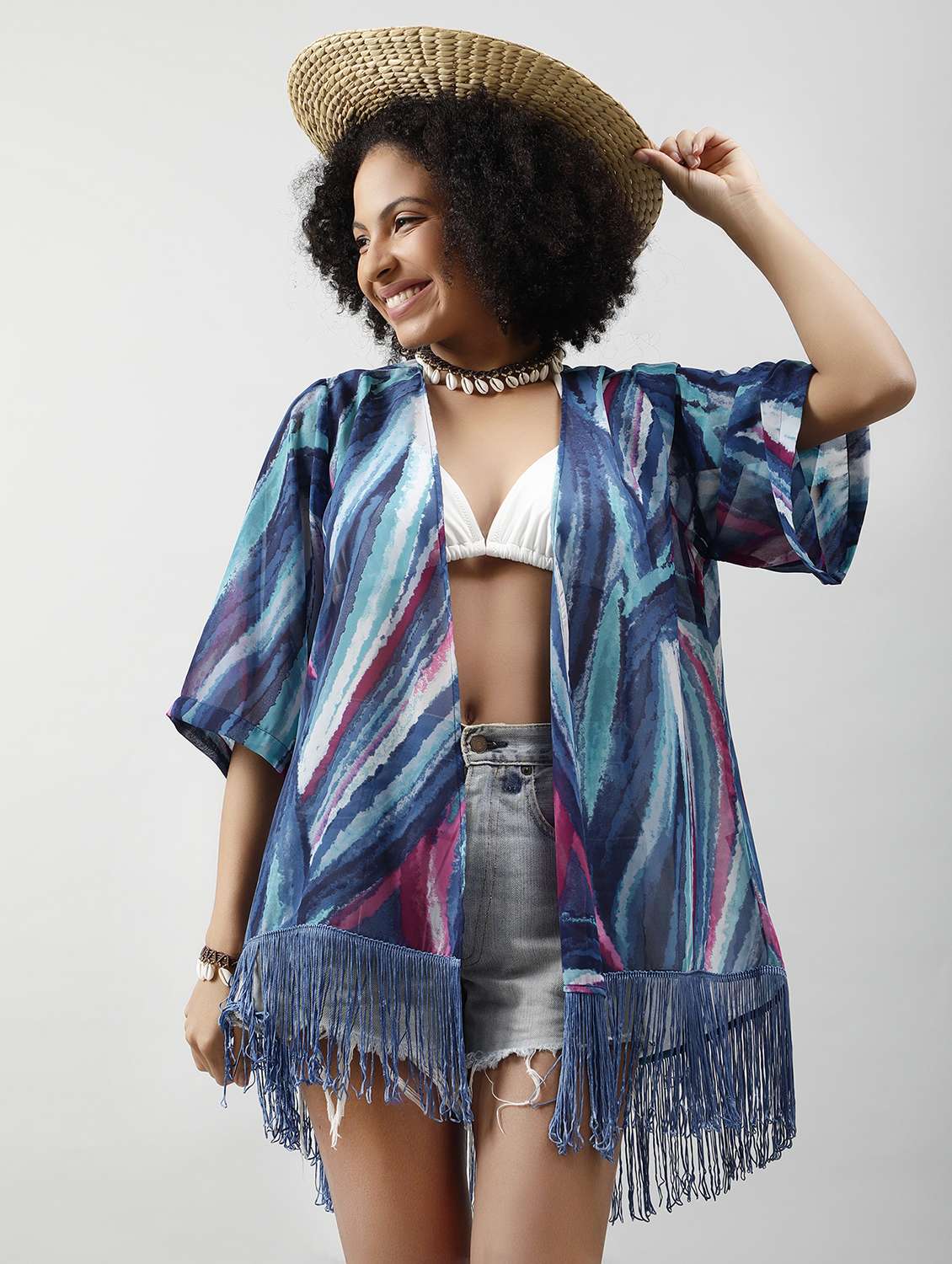 women printed regular fringed hem shrug - 21854430 - Zoom Image - 0