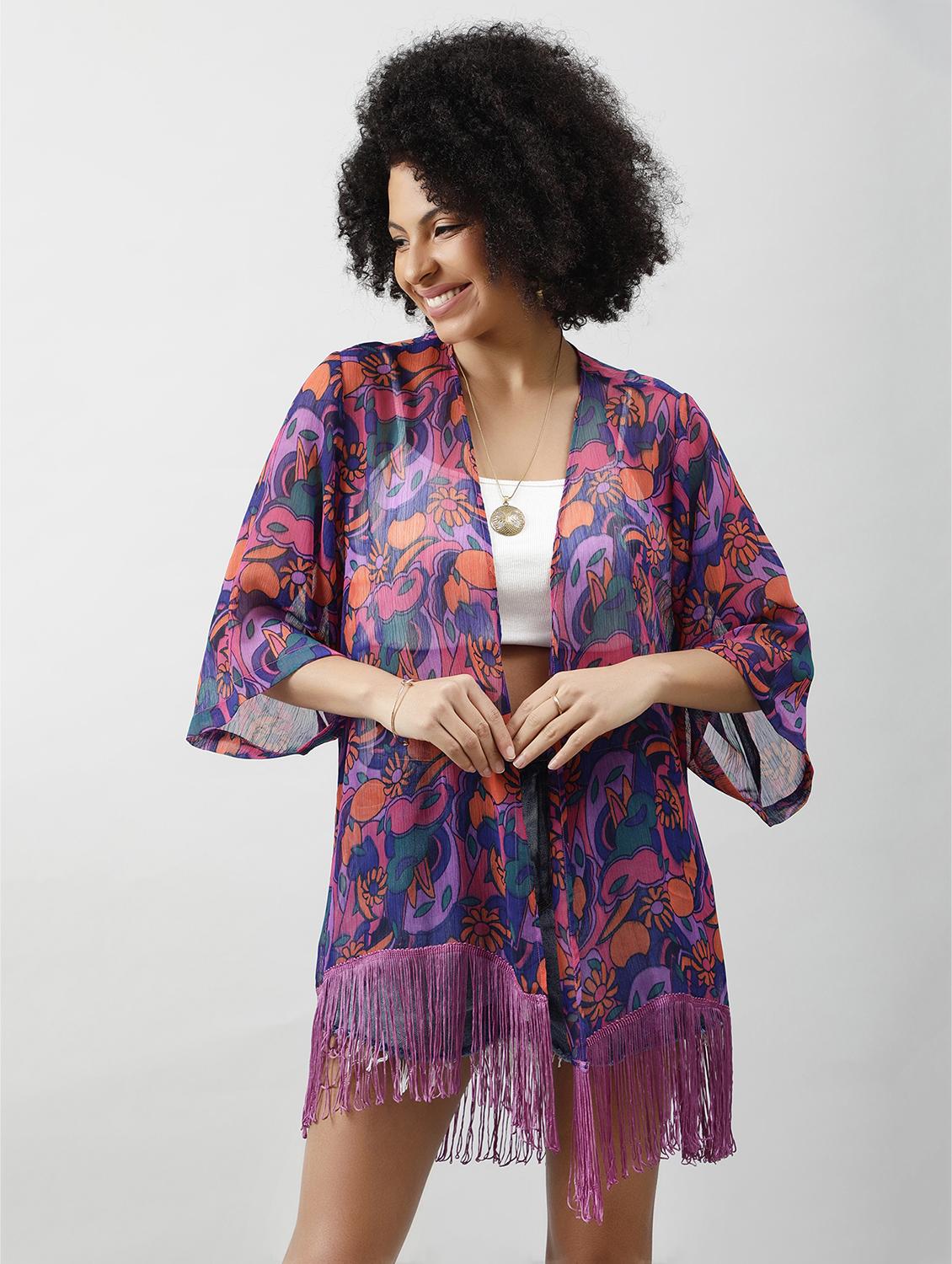 women printed regular fringed hem shrug - 21854431 -  Zoom Image - 0