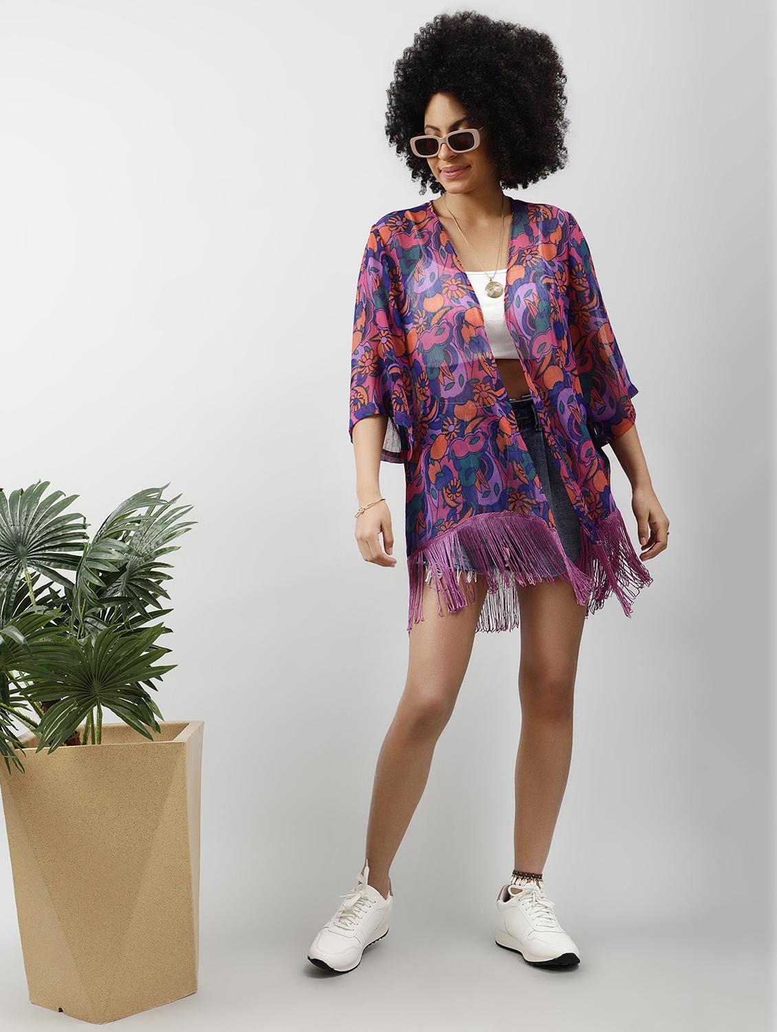 women printed regular fringed hem shrug - 21854431 - Standard Image - 5