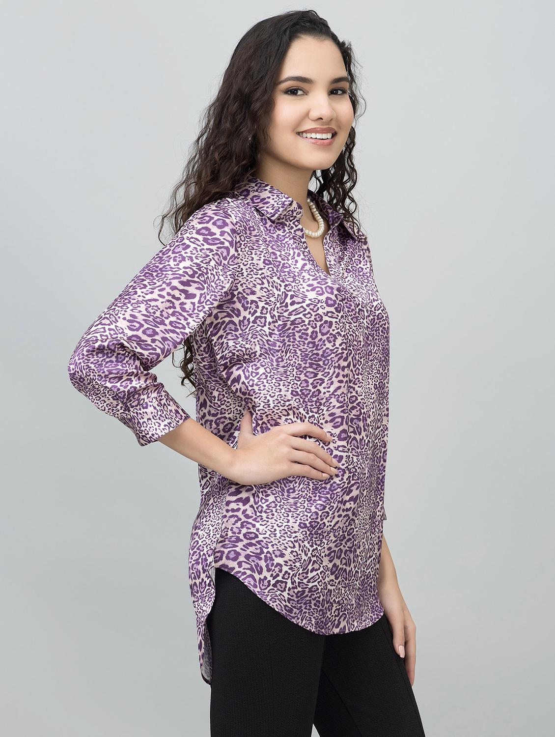 women animal print collared high low tunic - 21854435 - Standard Image - 3