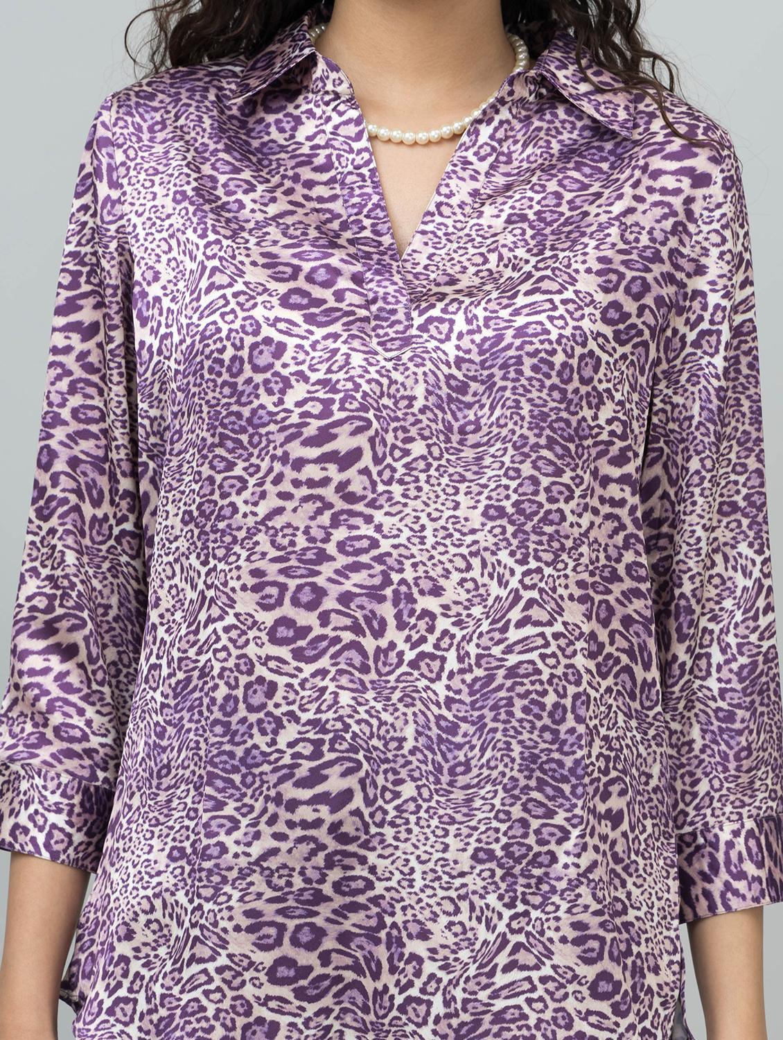 women animal print collared high low tunic - 21854435 - Standard Image - 5