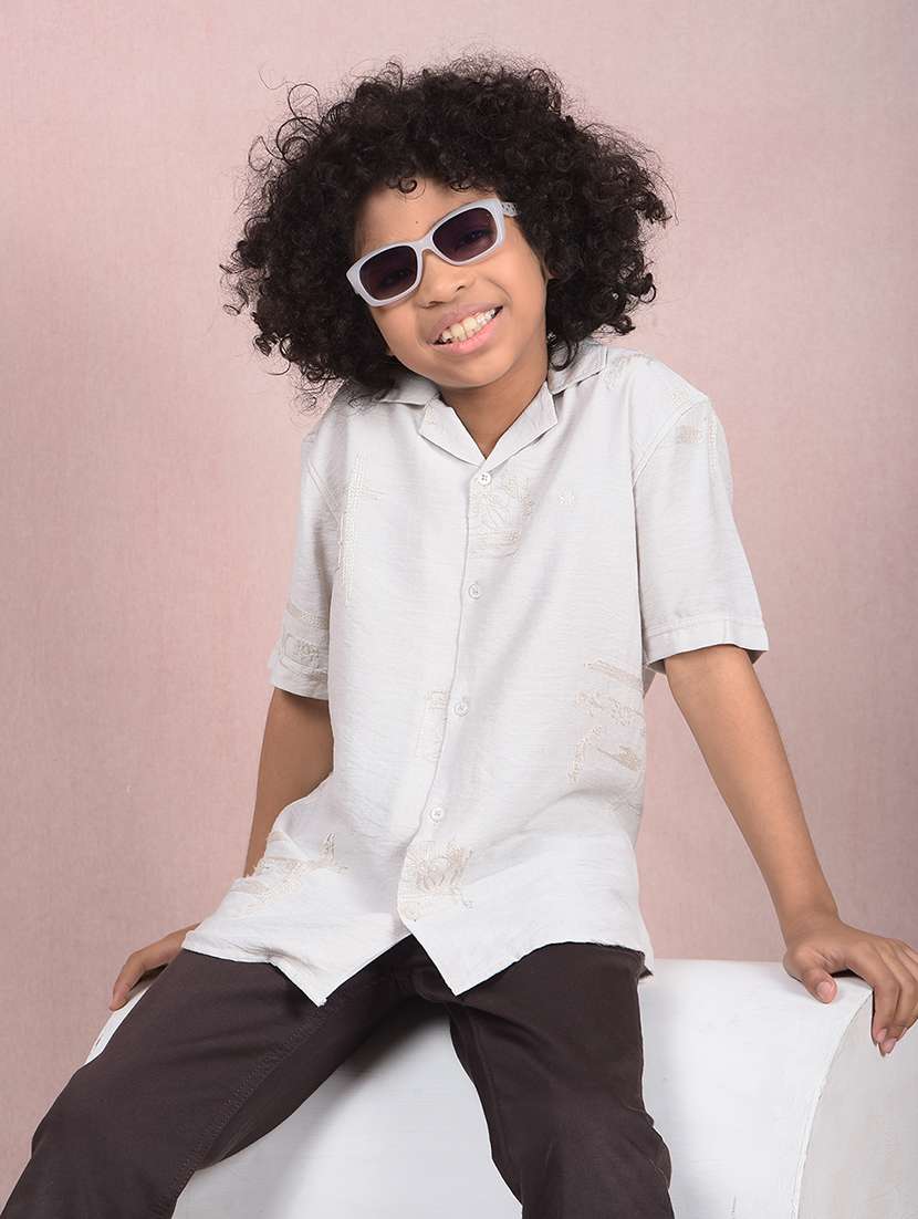 boys off white cuban collar embroidered casual shirt