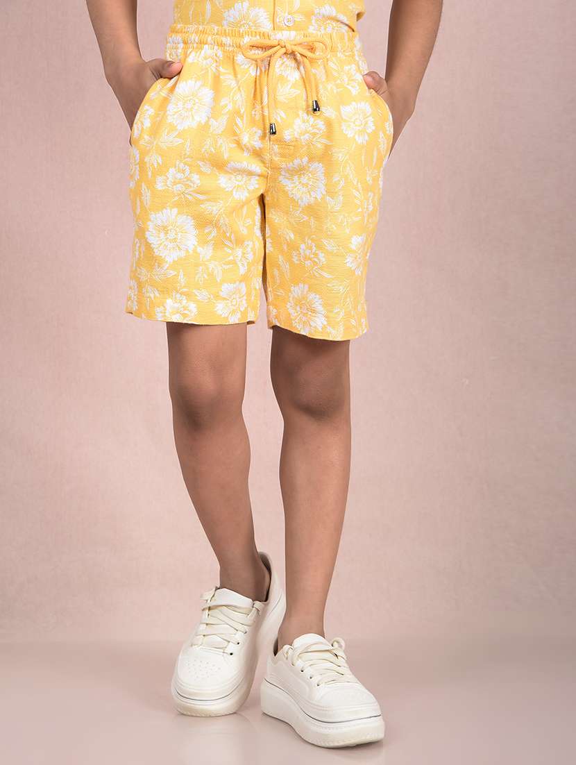 boys yellow floral printed mid rise shorts