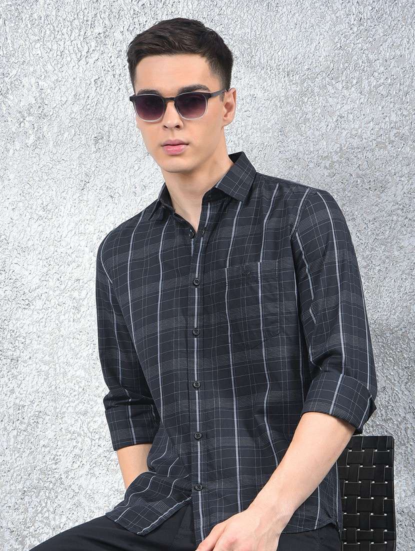 men checkered long sleeve slim fit casual shirt