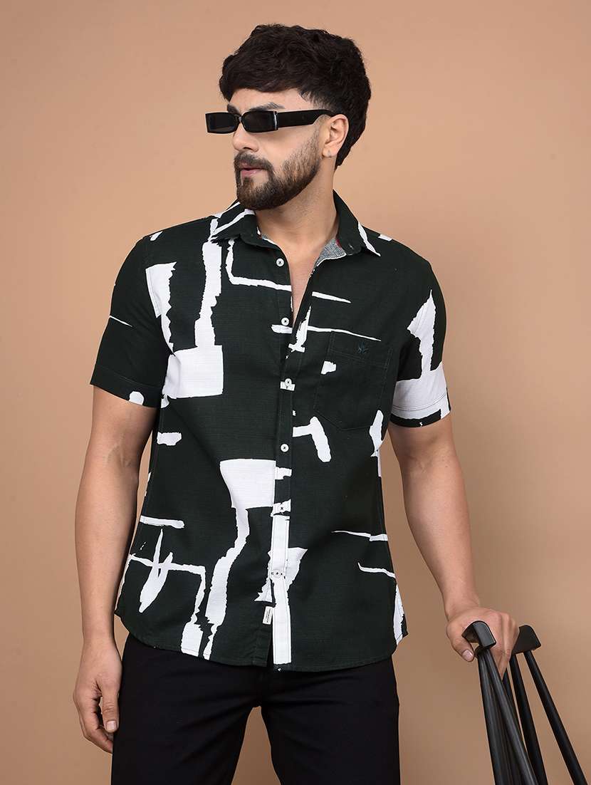 men self design short sleeve slim fit casual shirt 