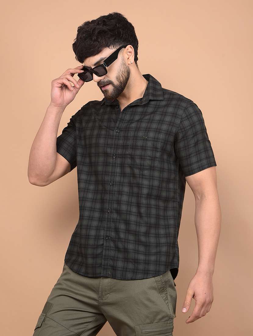 men checked short sleeve slim fit casual shirt 