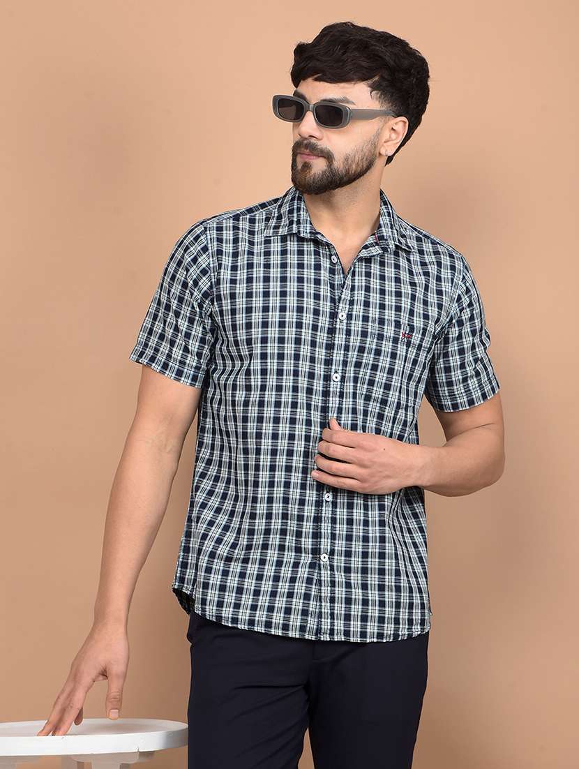 men checked short sleeve slim fit casual shirt 