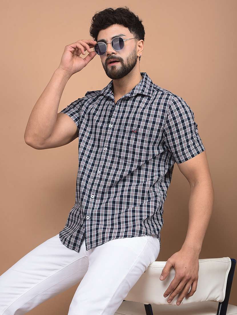 men checked short sleeve slim fit casual shirt 