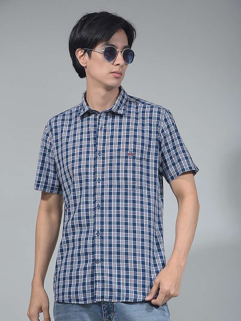 men checked short sleeve slim fit casual shirt 