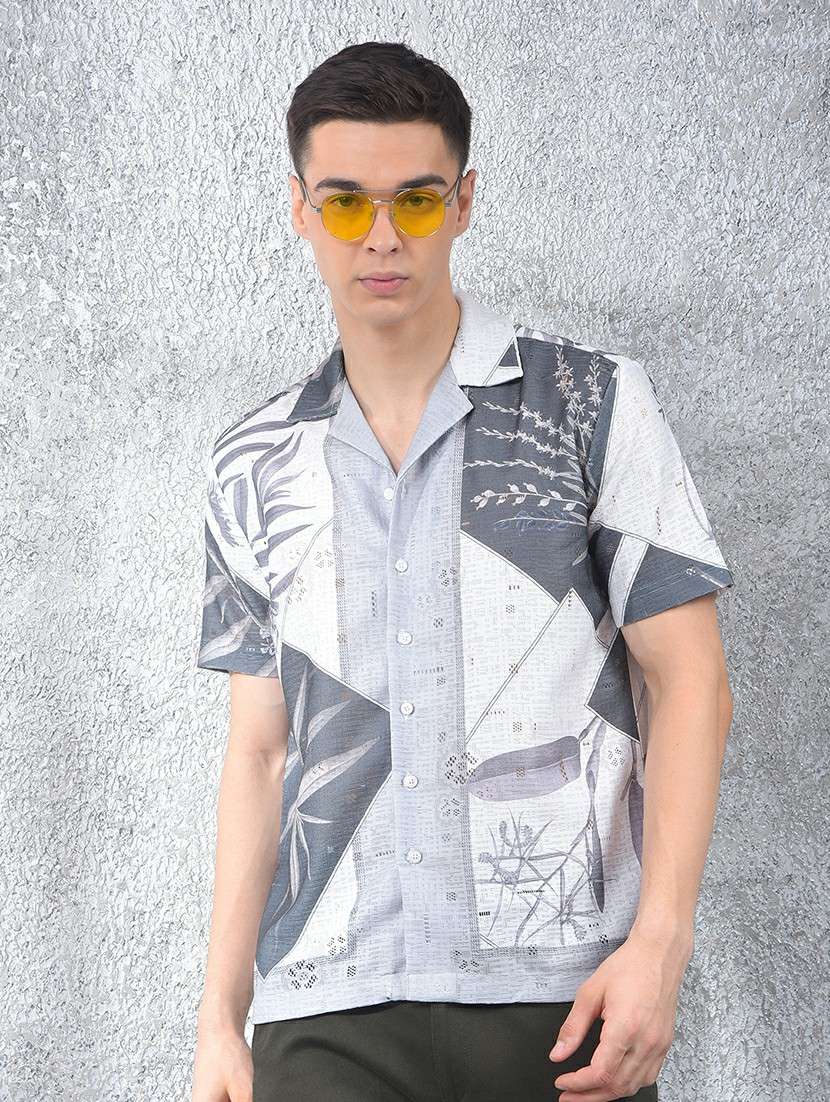 men graphic short sleeve slim fit casual shirt 