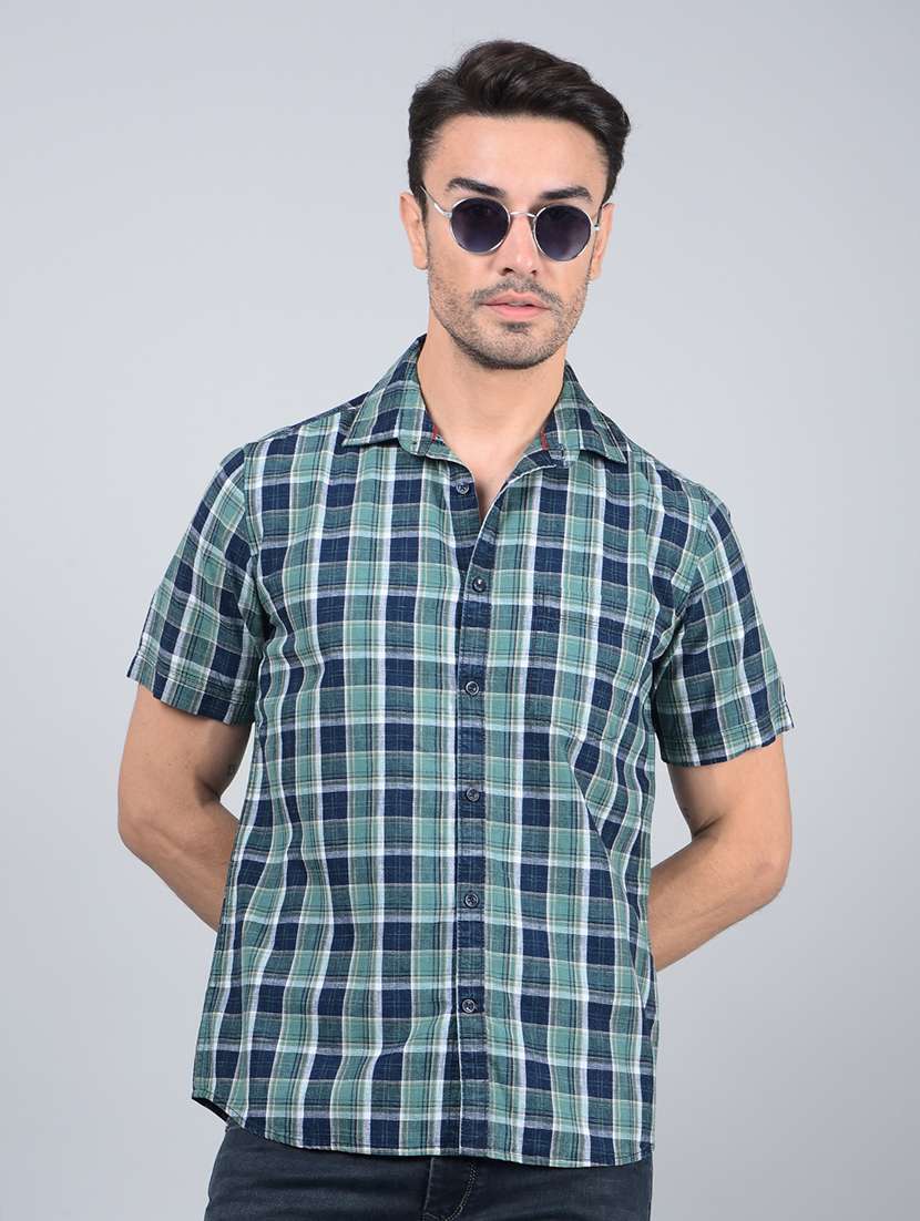 men checked short sleeve slim fit casual shirt 