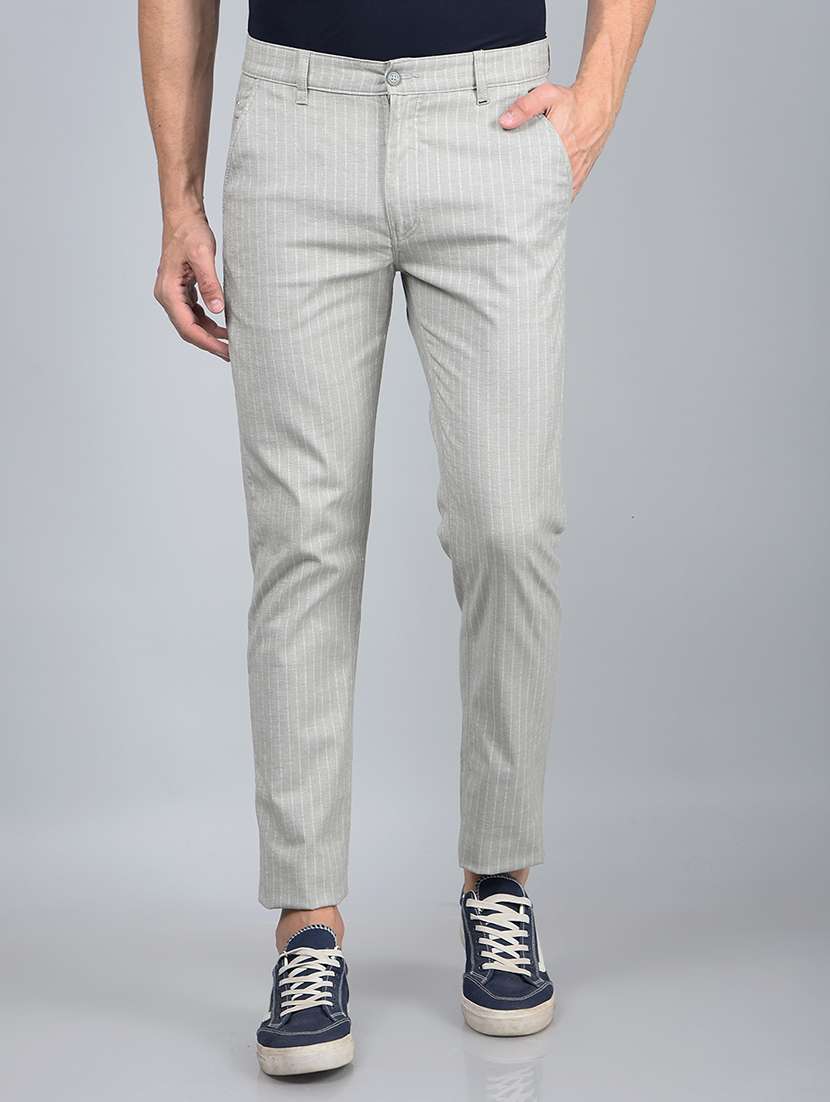 men grey stripes mid rise chinos casual trouser