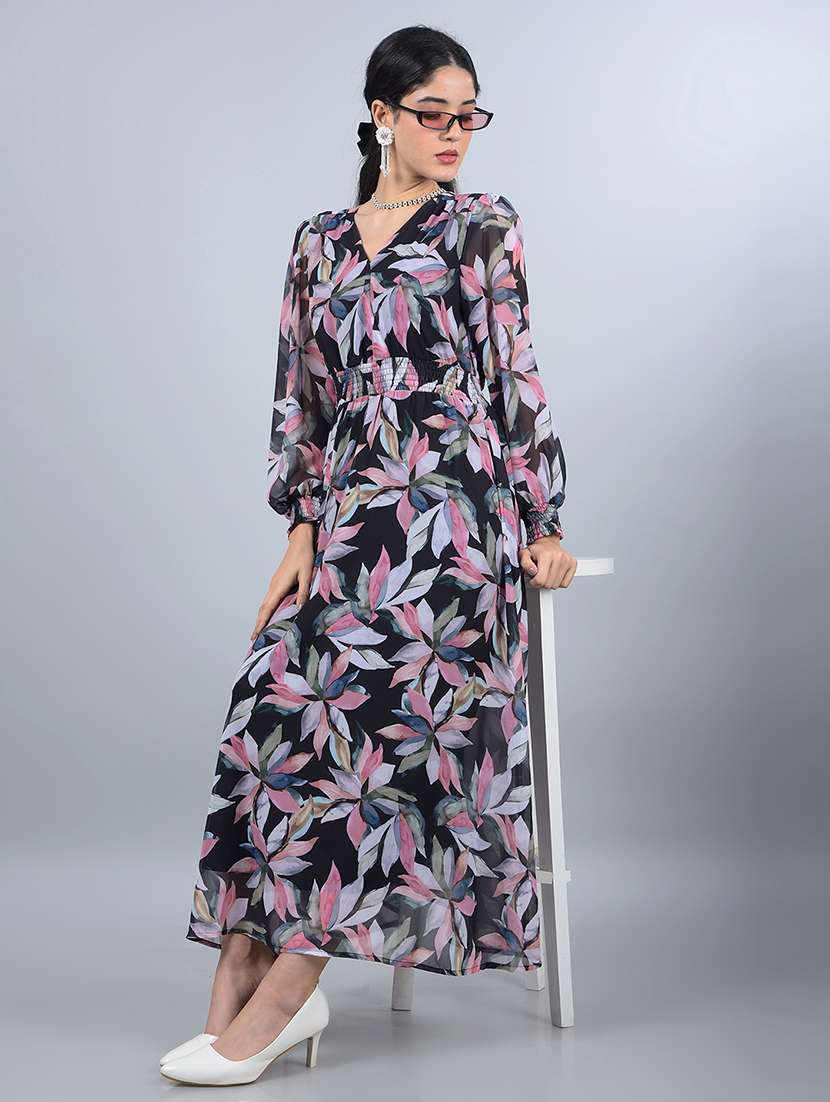 women printed puff sleeves fit & flared dress - 21854809 - Zoom Image - 0