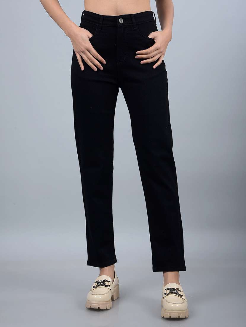 women solid mid rise straight fit jean