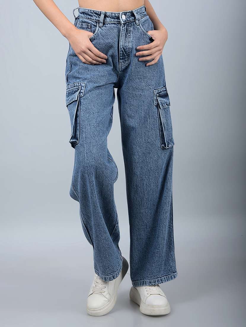 women solid high rise baggy cargo