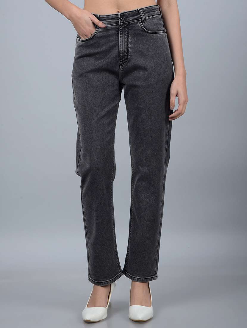 women solid high rise straight fit jean