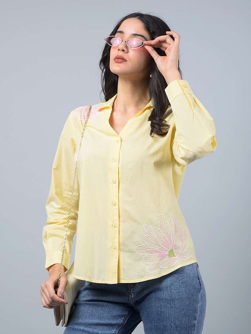 women solid collared puff sleeves regular shirt