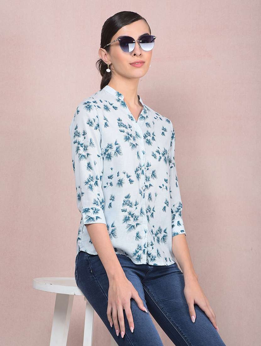 women printed mandarin neck high low shirt