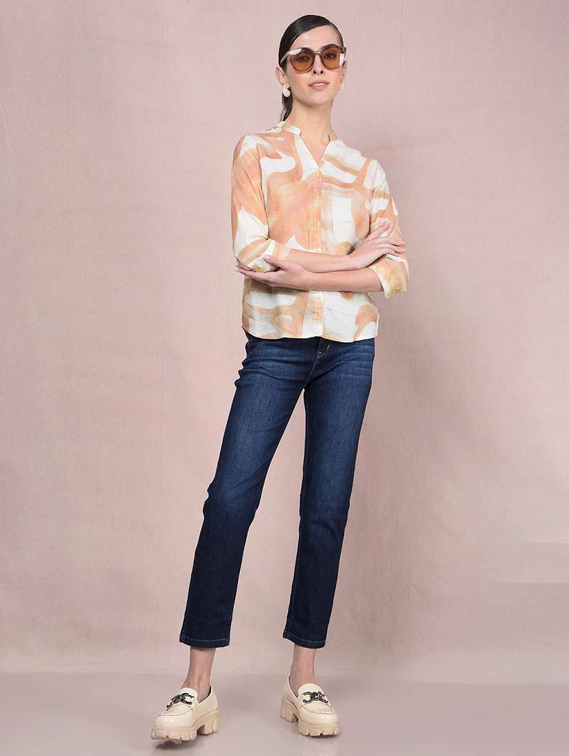 women printed mandrain neck high low shirt - 21854879 -  Standard Image - 3