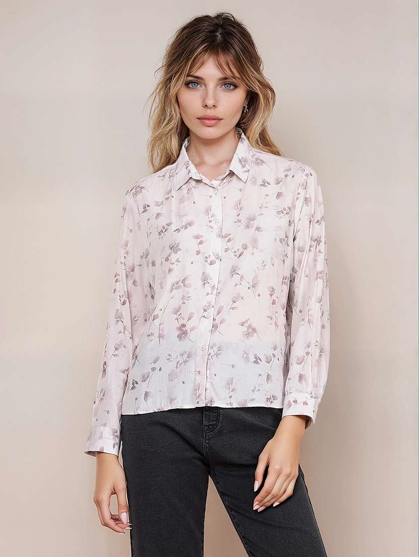 women printed collared high low shirt