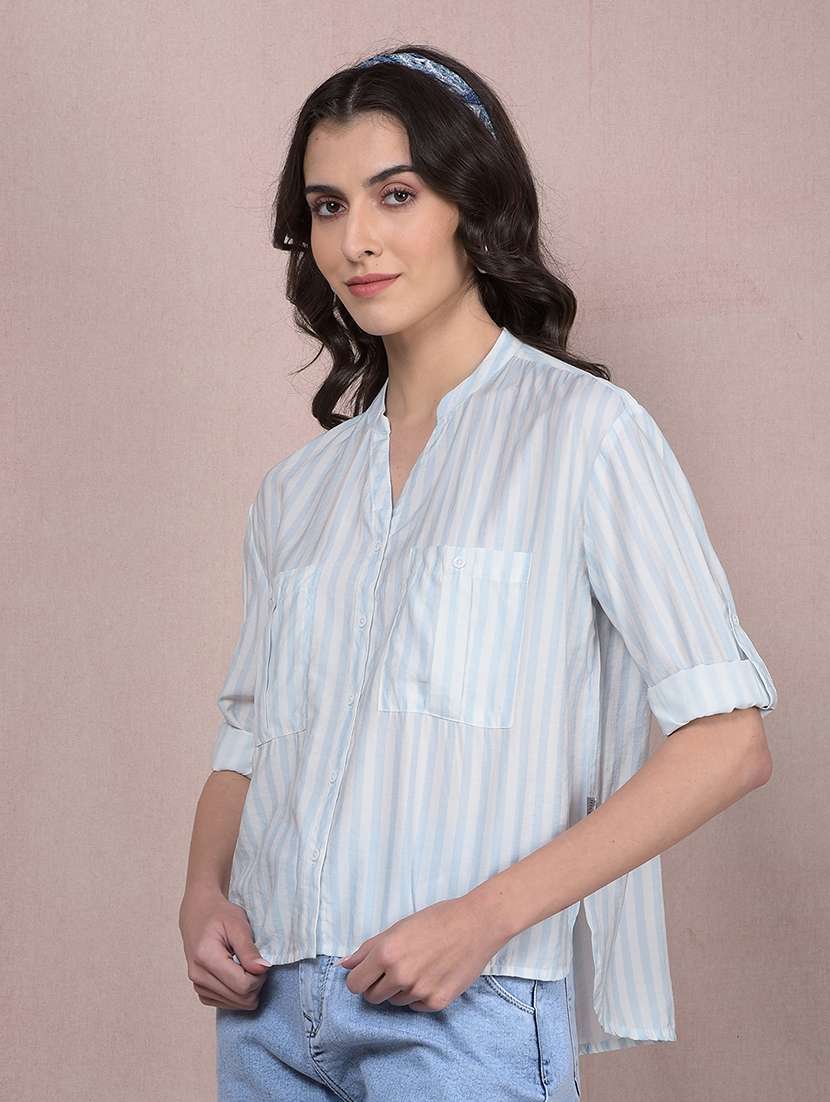 women striped roll-up sleeves high low shirt - 21854888 - Standard Image - 3