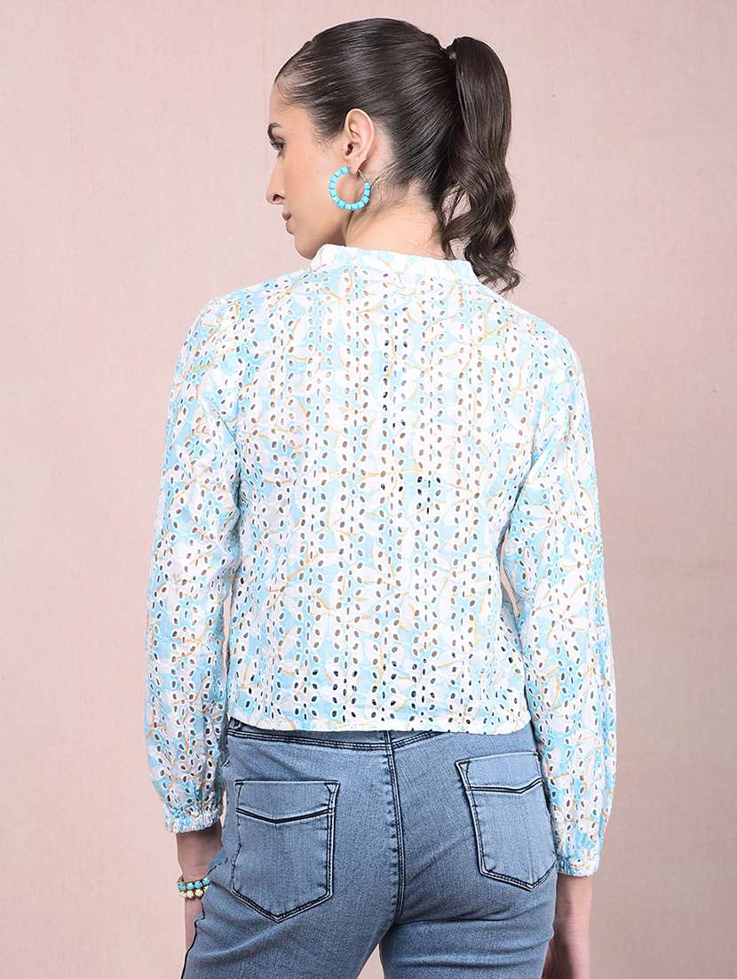 women printed puff sleeves crop schiffli shirt - 21854893 - Standard Image - 3