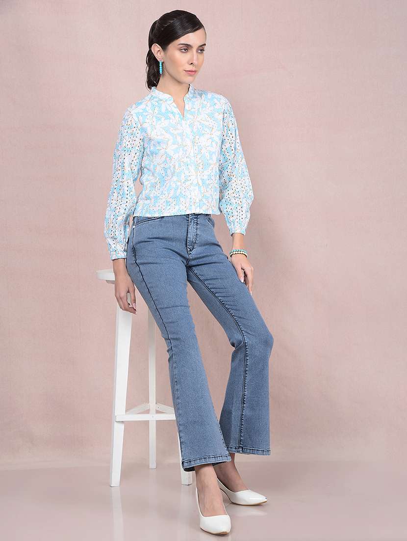 women printed puff sleeves crop schiffli shirt - 21854893 - Standard Image - 5