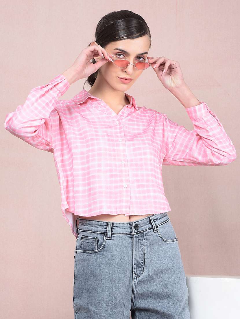 women checkered long sleeves crop shirt