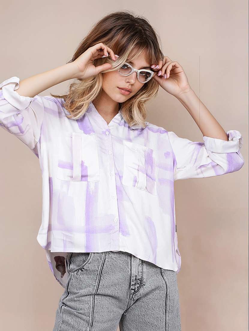 women printed roll-up sleeves high low shirt