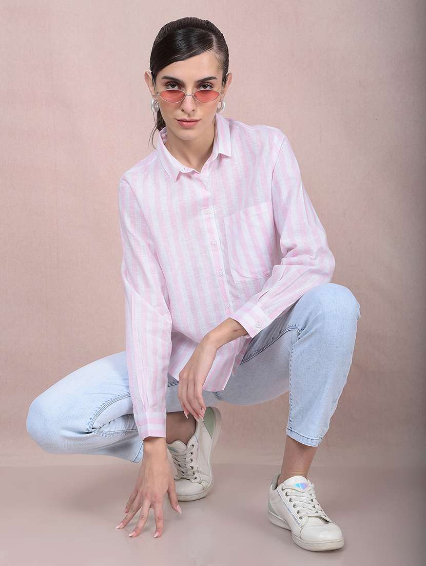 women striped long sleeves high low shirt - 21854899 - Standard Image - 3
