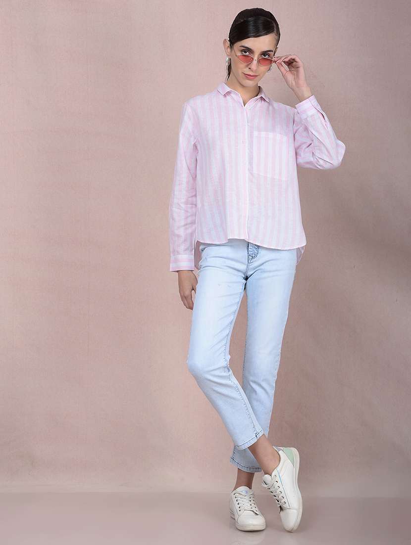 women striped long sleeves high low shirt - 21854899 - Standard Image - 5